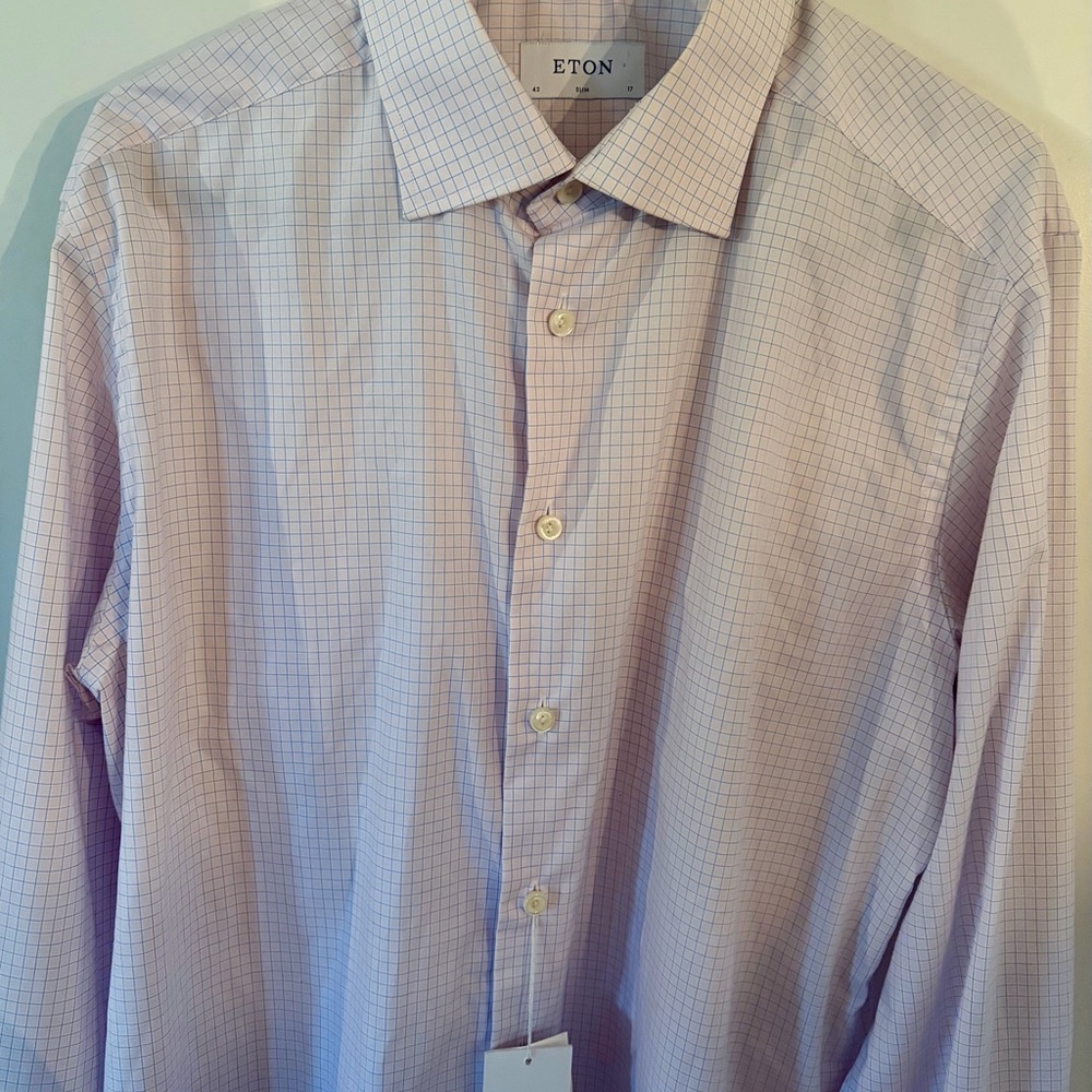 Eton Men's Pink and Blue Windowpane Dress Shirt
